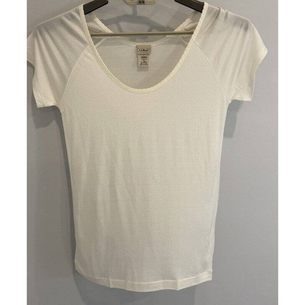 LL Bean Womens 100% Silk Pointelle Short Sleeve Scoopneck Shirt Base Layer Size
